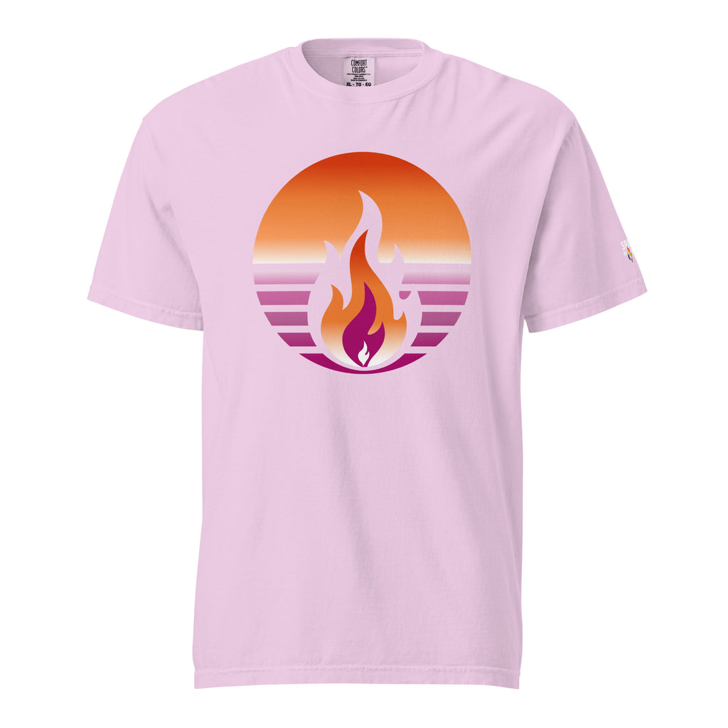 Lesbian Pride Fire Rising T-Shirt with retro pride flame graphic, unisex fit, Comfort Colors pride shirt by Sparked By Pride