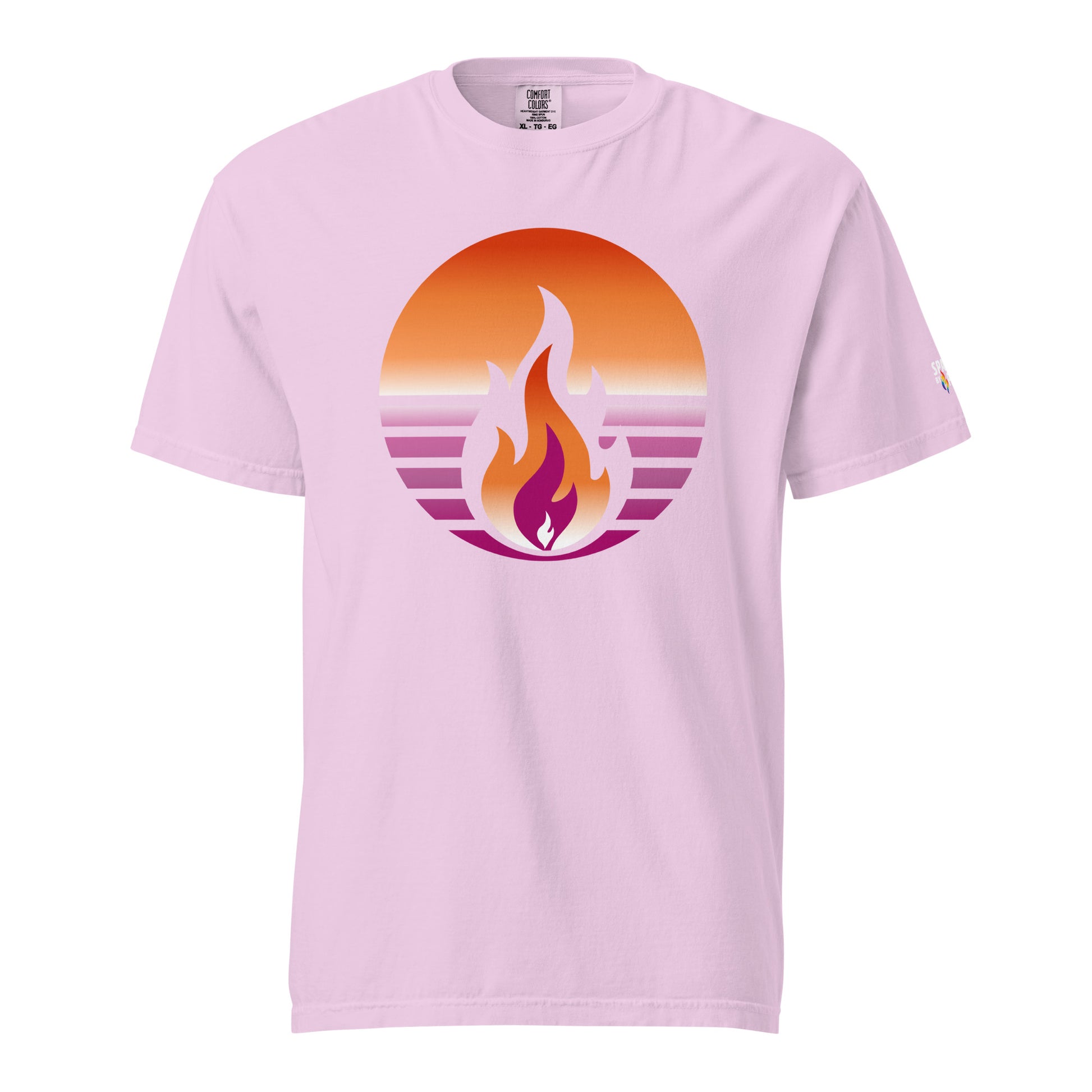 Lesbian Pride Fire Rising T-Shirt with retro pride flame graphic, unisex fit, Comfort Colors pride shirt by Sparked By Pride