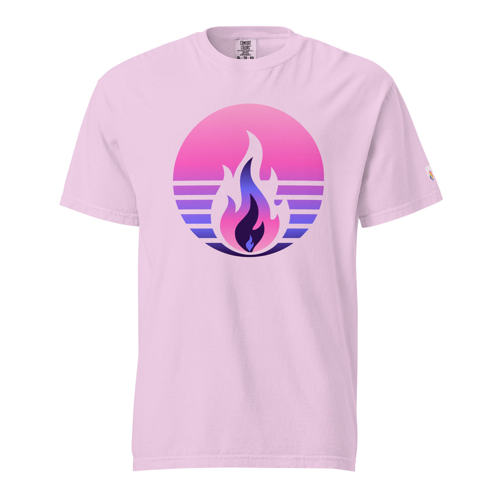 Omnisexual Pride Fire Rising T-Shirt with retro pride flame graphic, unisex LGBTQ+ pride apparel by Sparked By Pride