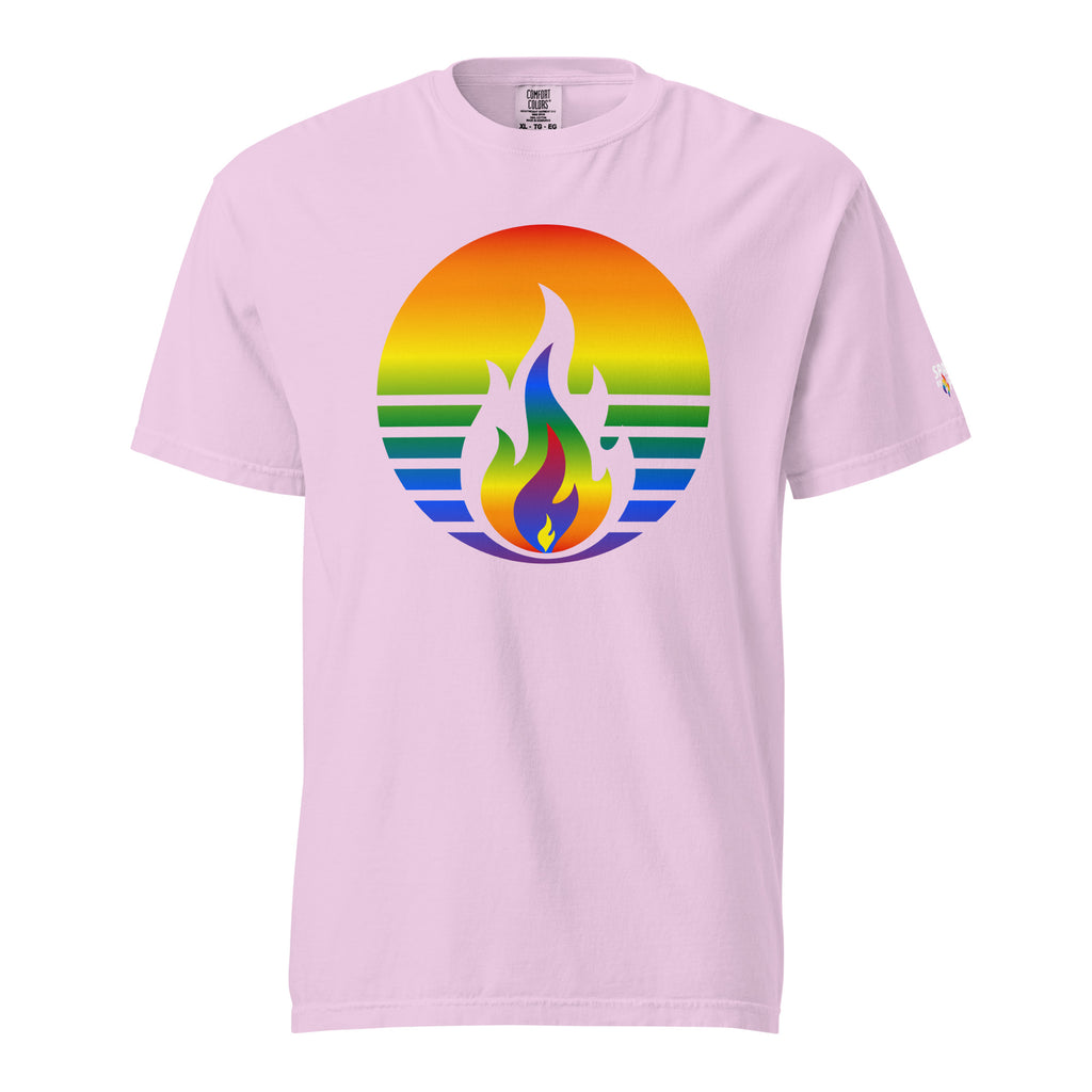 Rainbow Pride Fire Rising T-Shirt with printed pride flame graphic, unisex pride t-shirt by Sparked By Pride