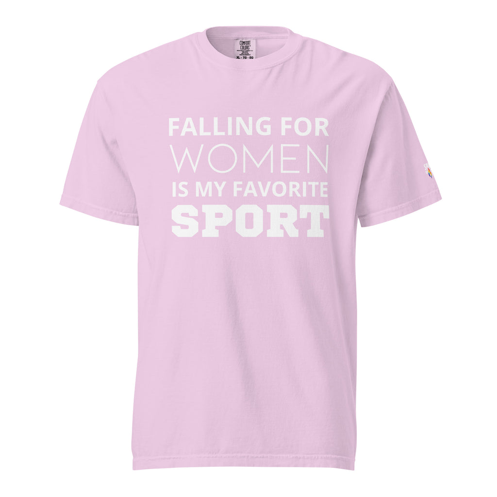 Falling for Women Is My Favorite Sport T-Shirt unisex pride tee by Sparked By Pride, inclusive queer fashion apparel