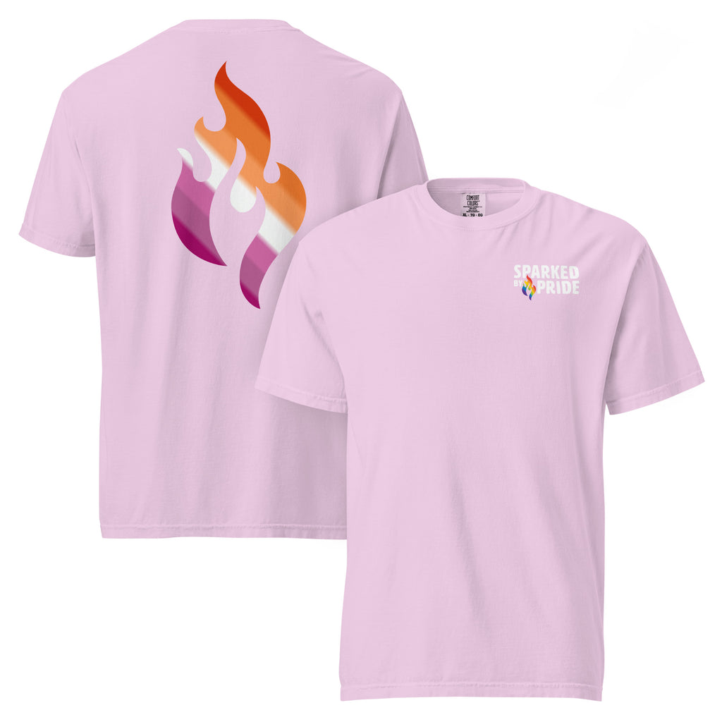 Lesbian Pride Flame T-shirt with printed pride flame graphic in retro pride flame colors, unisex fit by Sparked By Pride
