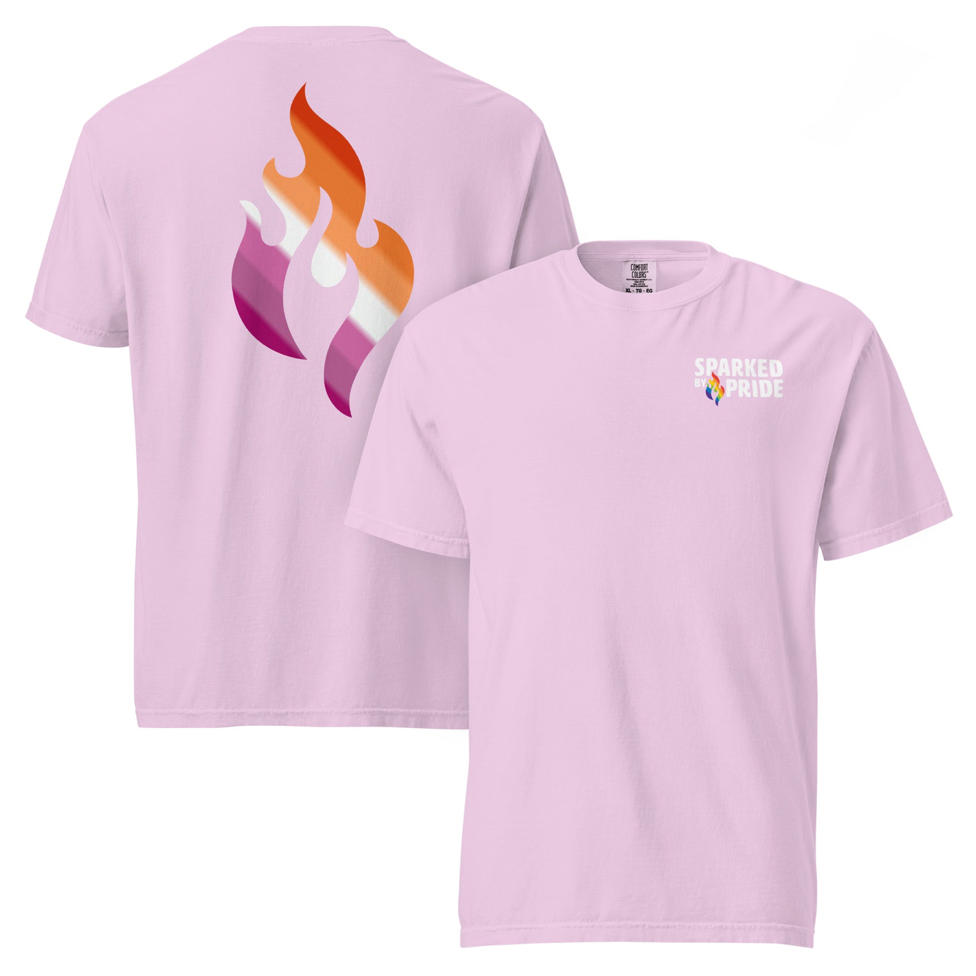 Lesbian Pride Flame T-shirt with printed pride flame graphic in retro pride flame colors, unisex fit by Sparked By Pride