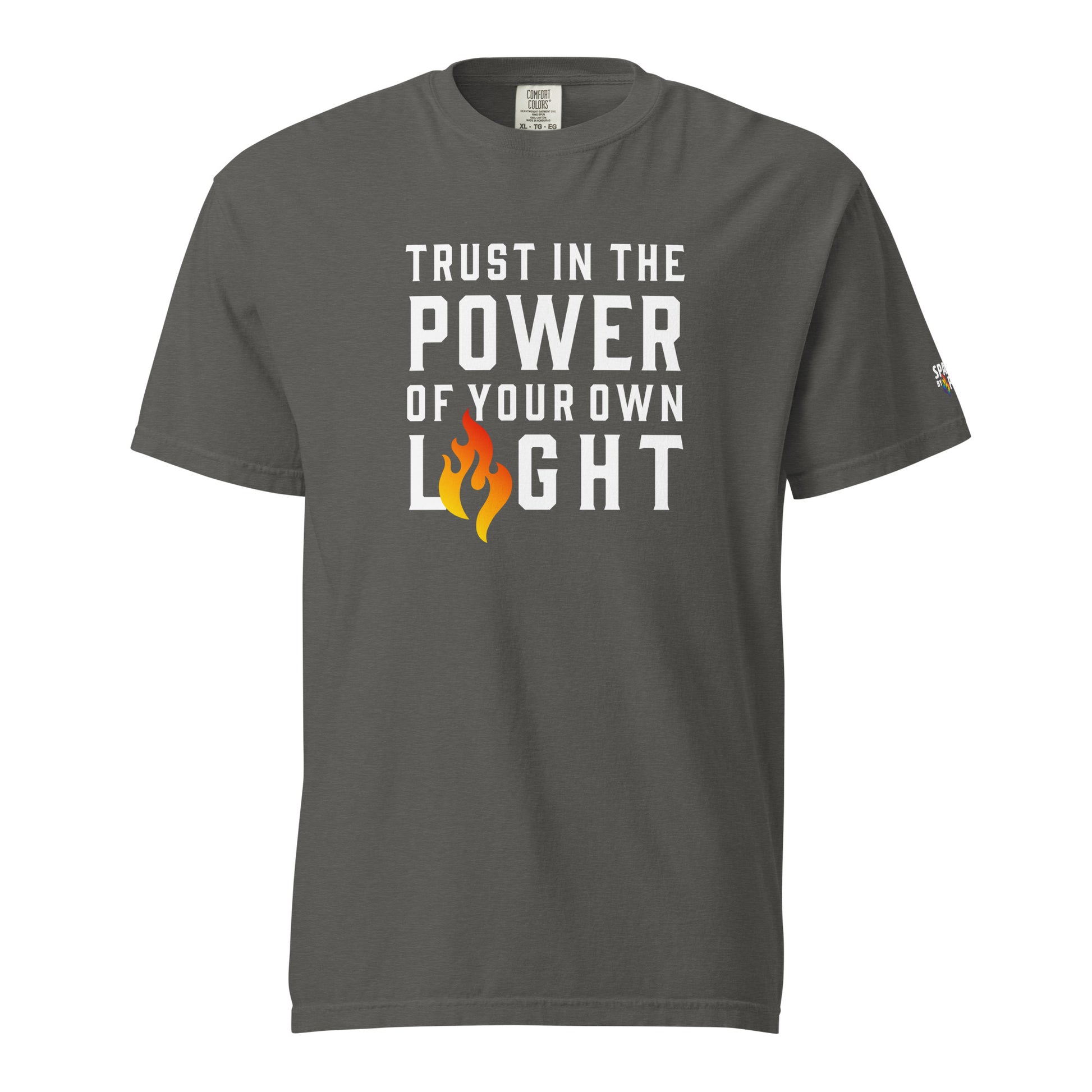 Unisex pride t-shirt with printed pride flame graphic and Trust Your Light message by Sparked By Pride