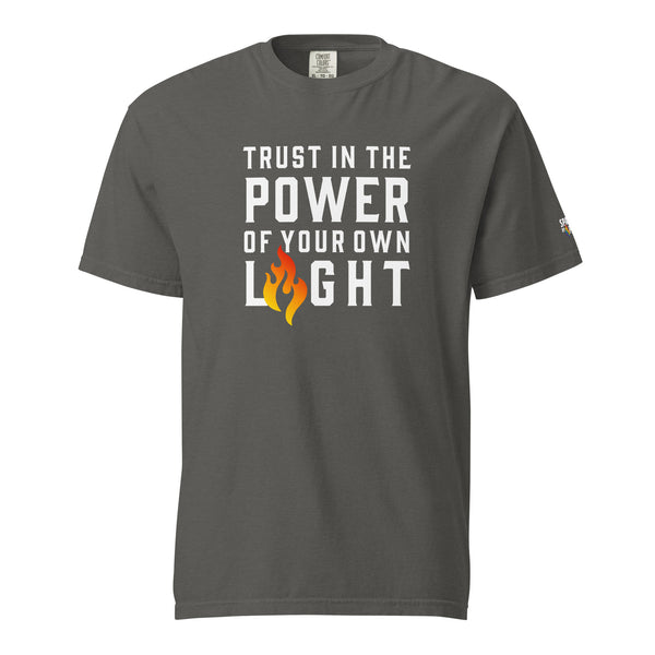 Unisex pride t-shirt with printed pride flame graphic and Trust Your Light message by Sparked By Pride