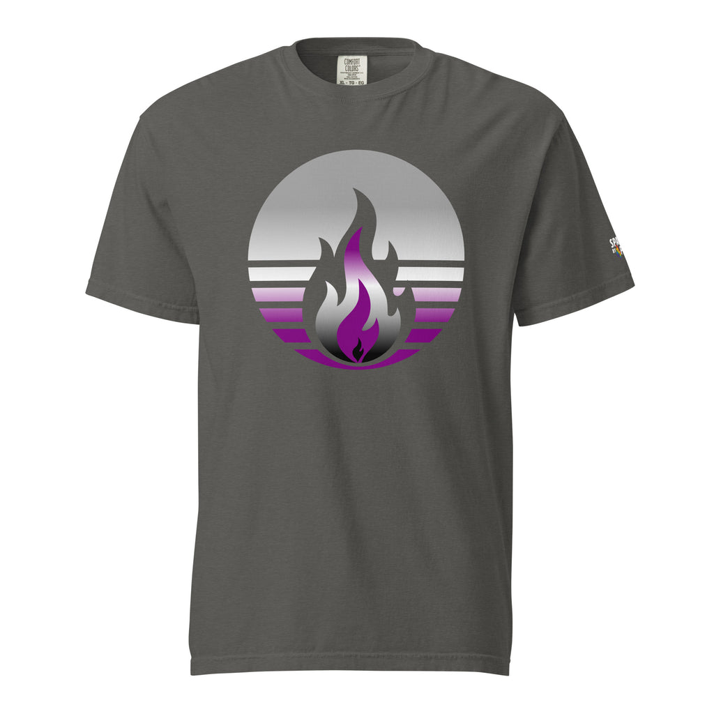 Unisex pride t-shirt with retro pride flame in asexual colors printed on soft Comfort Colors by Sparked By Pride Asexual Pride Fire Rising T-Shirt