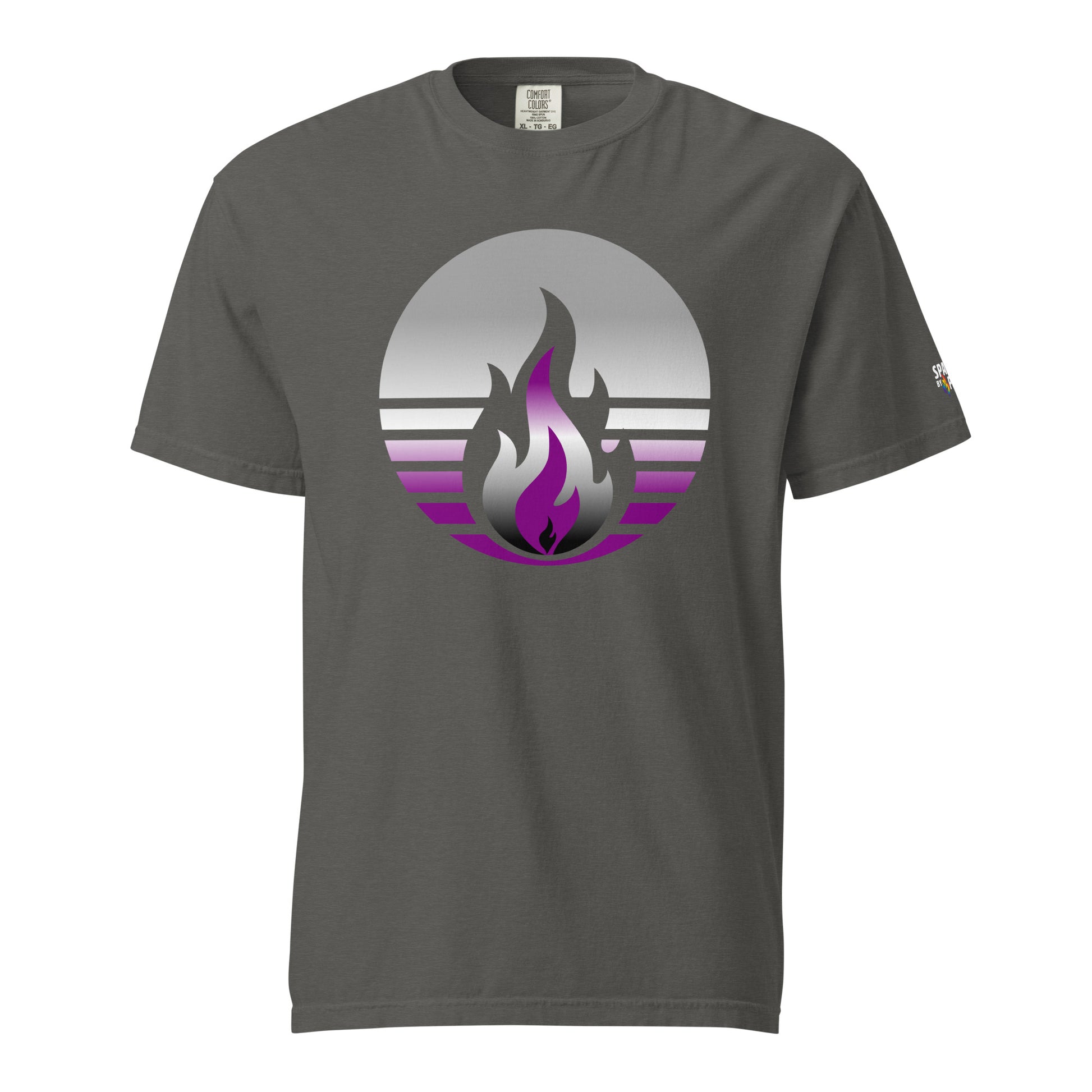 Unisex pride t-shirt with retro pride flame in asexual colors printed on soft Comfort Colors by Sparked By Pride Asexual Pride Fire Rising T-Shirt