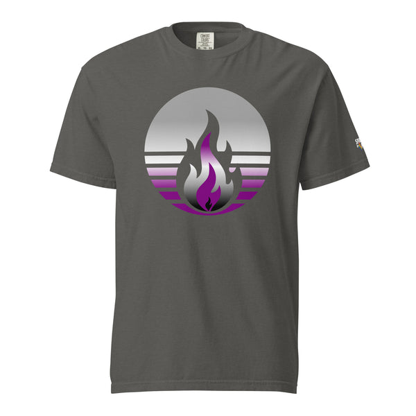 Unisex pride t-shirt with retro pride flame in asexual colors printed on soft Comfort Colors by Sparked By Pride Asexual Pride Fire Rising T-Shirt
