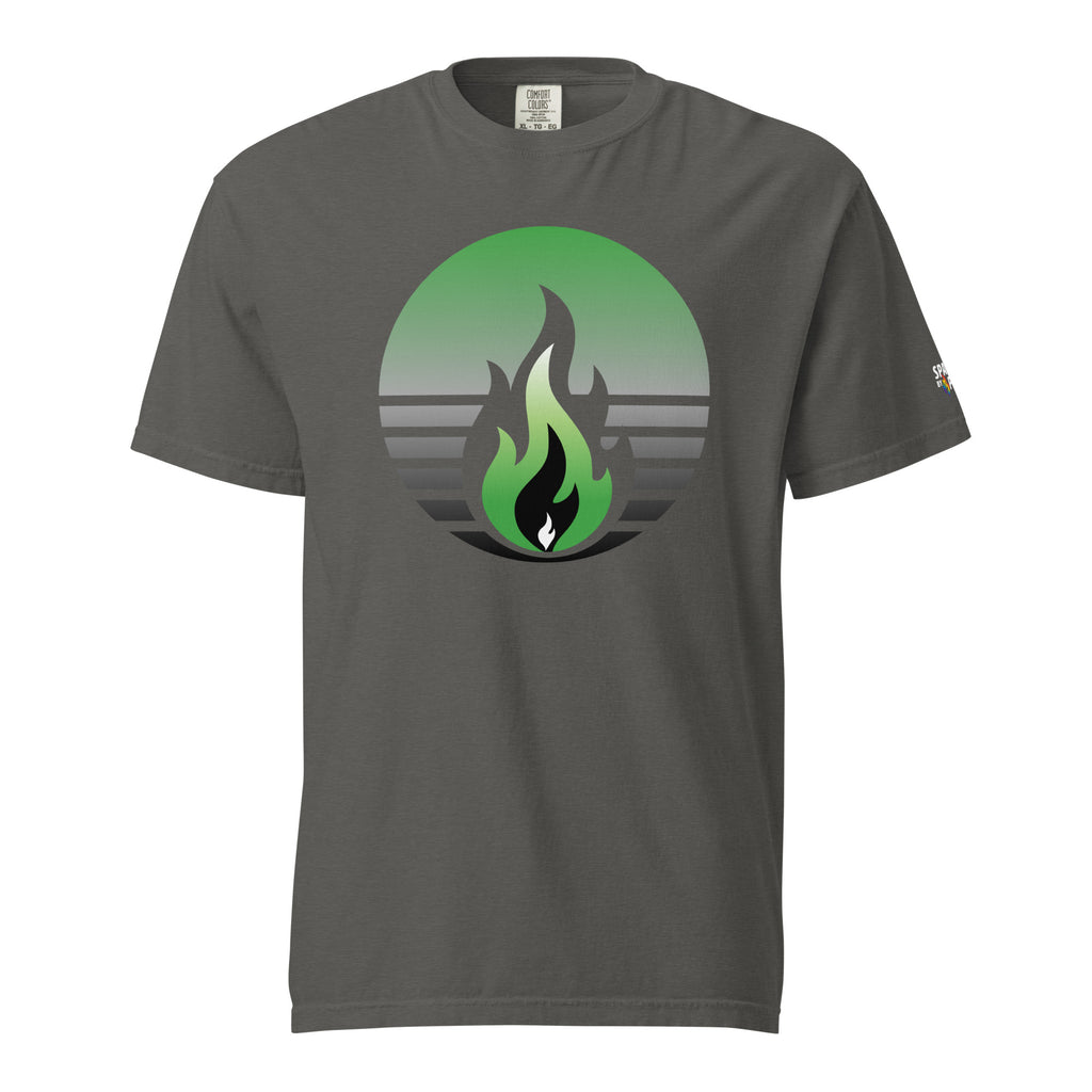 Aromantic Pride Fire Rising T-Shirt with retro pride flame graphic, unisex comfort colors pride shirt by Sparked By Pride