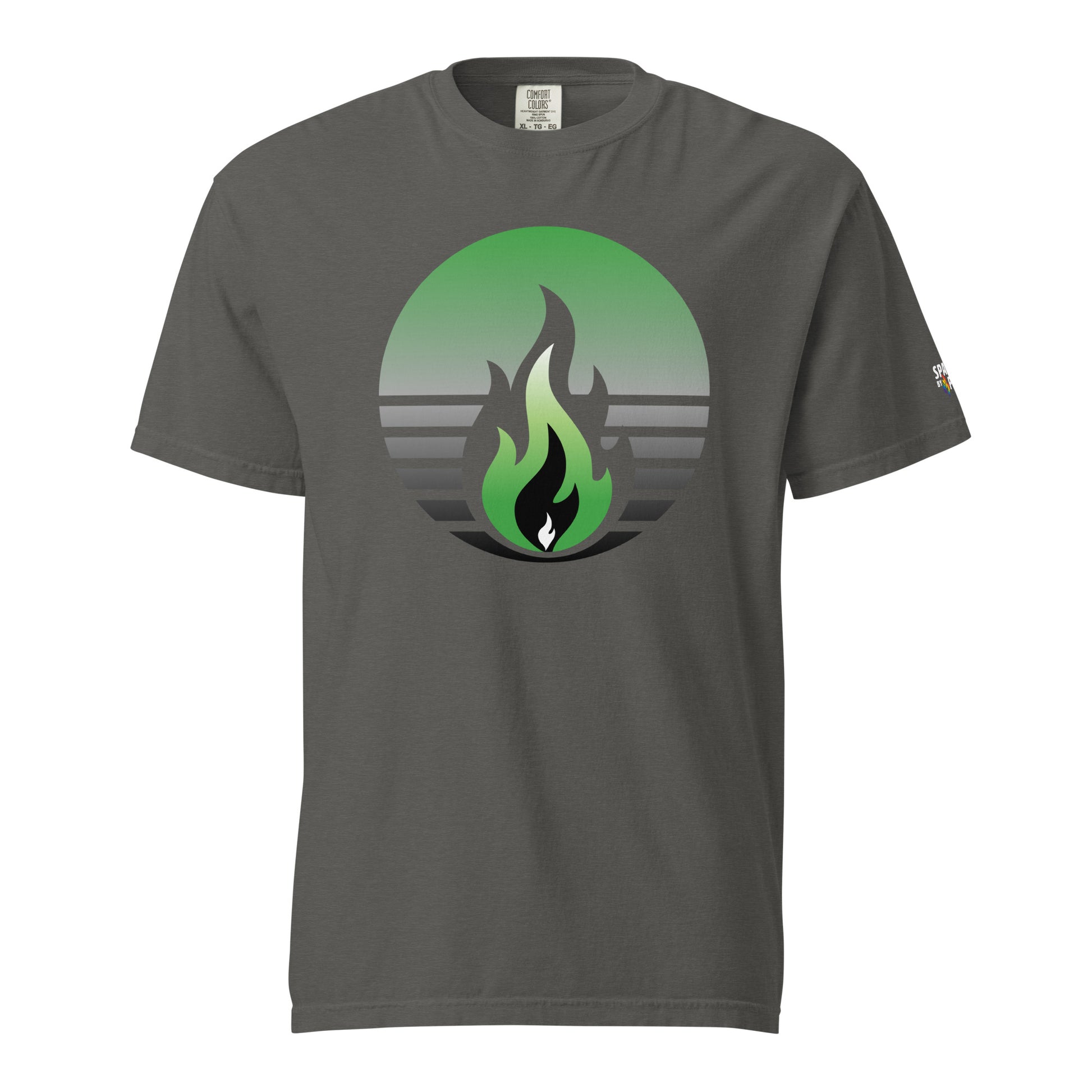 Aromantic Pride Fire Rising T-Shirt with retro pride flame graphic, unisex comfort colors pride shirt by Sparked By Pride