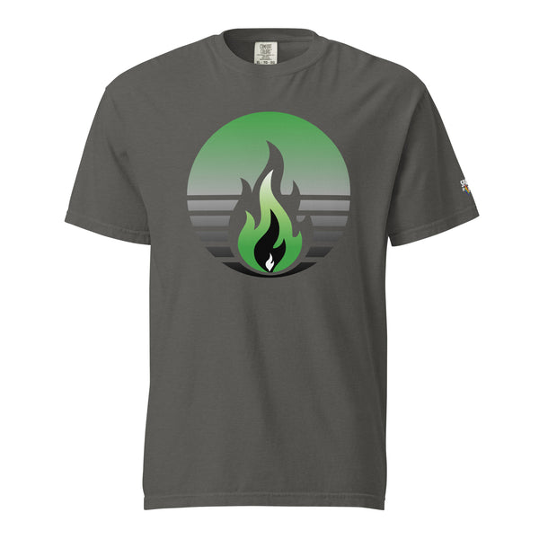 Aromantic Pride Fire Rising T-Shirt with retro pride flame graphic, unisex comfort colors pride shirt by Sparked By Pride