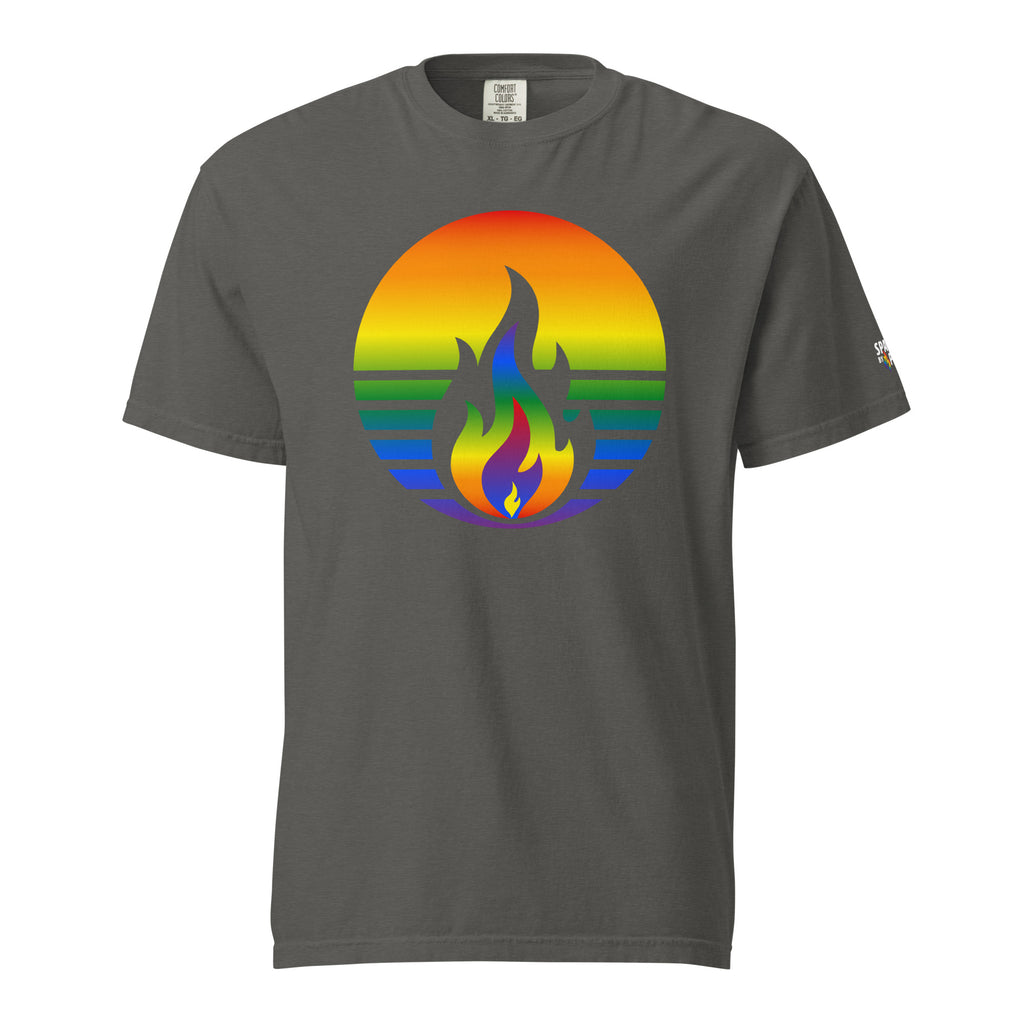 Rainbow Pride Fire Rising T-Shirt featuring retro pride flame graphic, unisex comfort colors pride shirt by Sparked By Pride