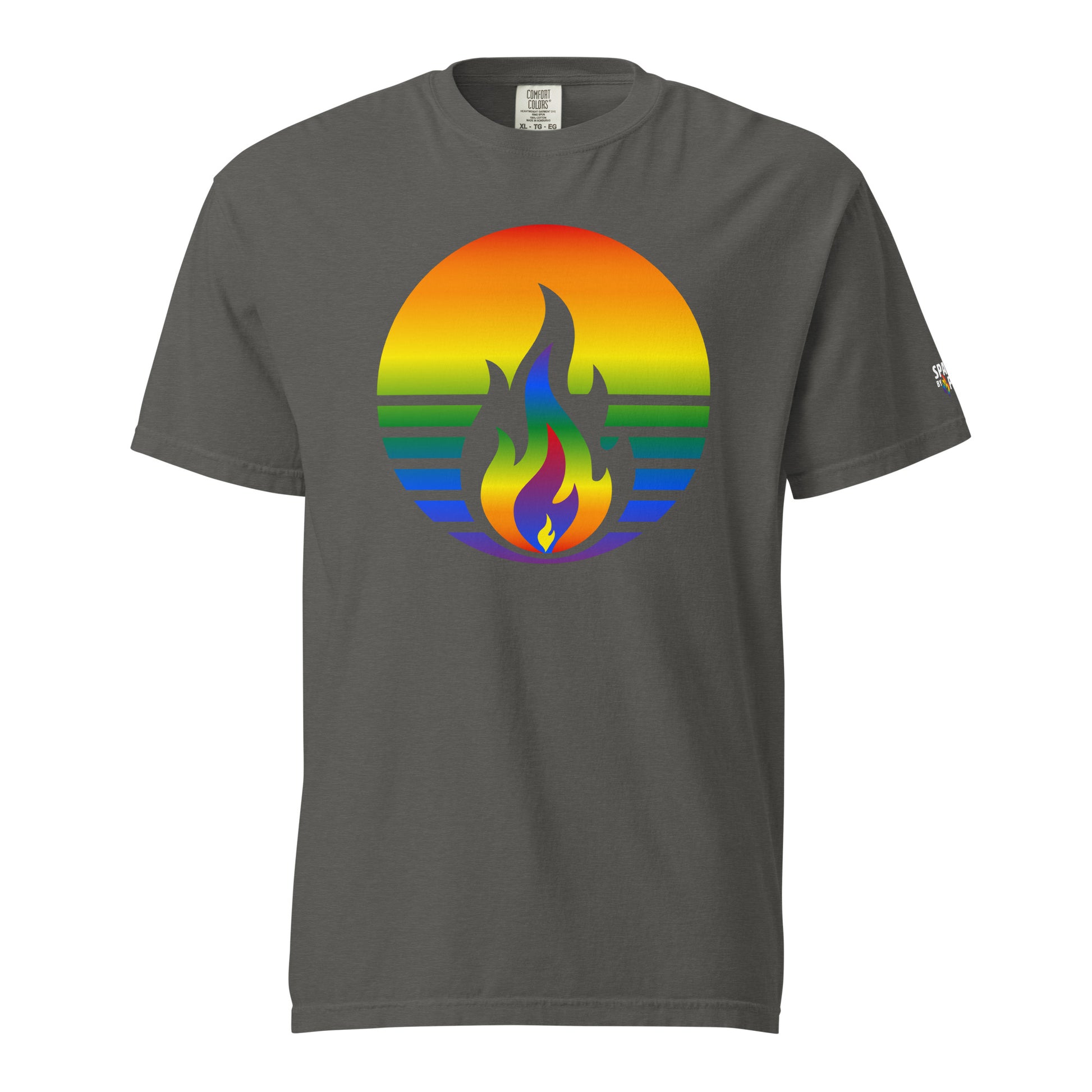 Rainbow Pride Fire Rising T-Shirt featuring retro pride flame graphic, unisex comfort colors pride shirt by Sparked By Pride