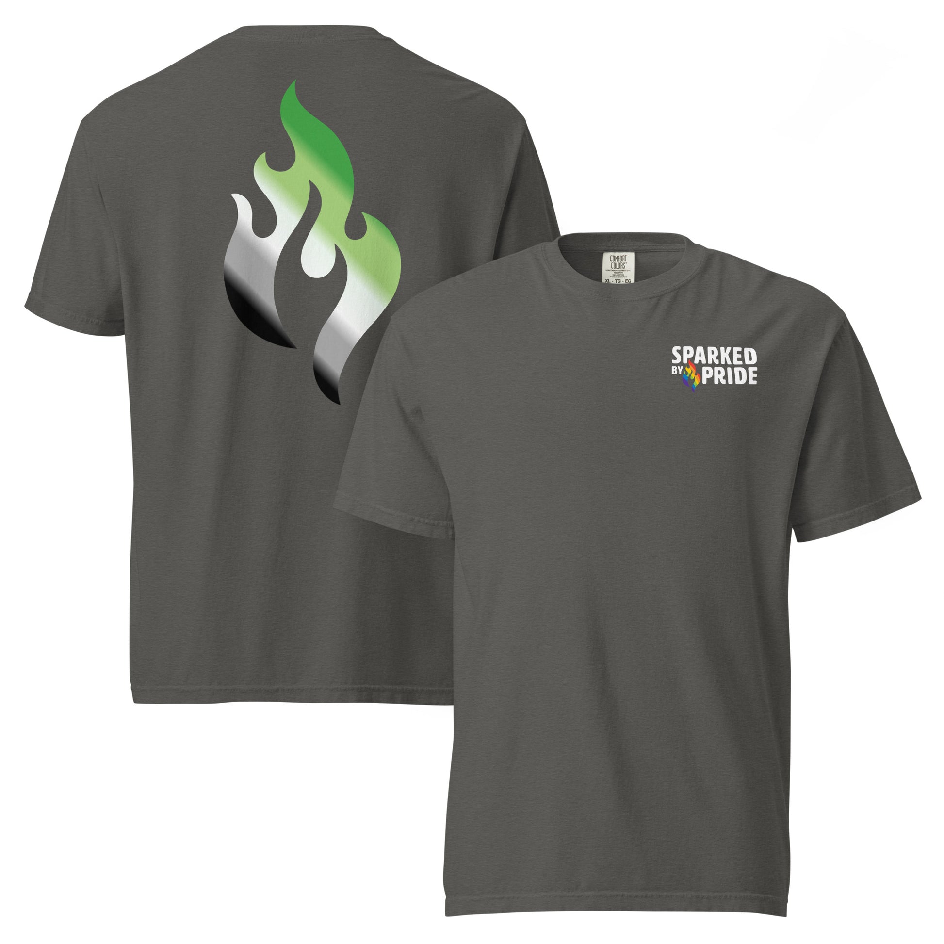 Aromantic Pride Flame T-shirt with retro pride flame graphic, unisex fit, Comfort Colors pride shirt by Sparked By Pride