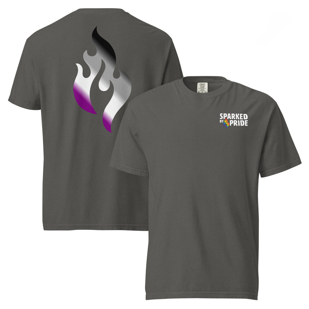 Asexual Pride Flame T-shirt with retro pride flame graphic, unisex fit, inclusive queer fashion by Sparked By Pride