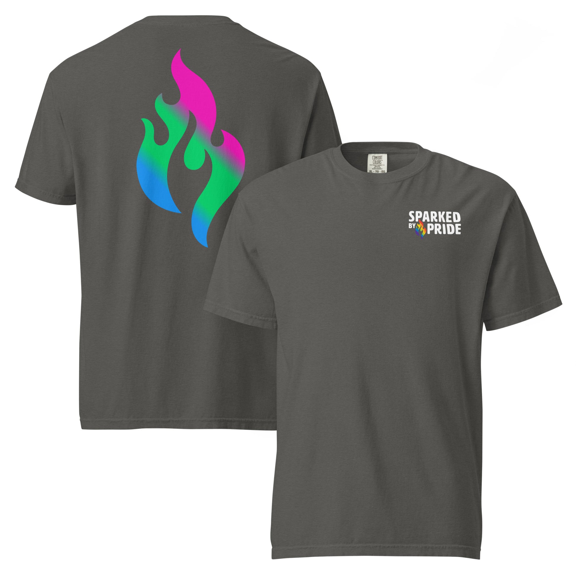 Polysexual Pride Flame T-shirt with printed retro pride flame graphic, unisex fit by Sparked By Pride