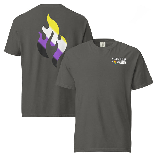 Nonbinary Pride Flame T-shirt with retro pride flame graphic in inclusive queer fashion by Sparked By Pride.