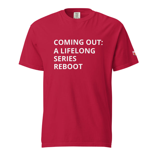 Coming Out: A Lifelong Series Reboot T-Shirt, unisex pride tee in retro pride flame style by Sparked By Pride