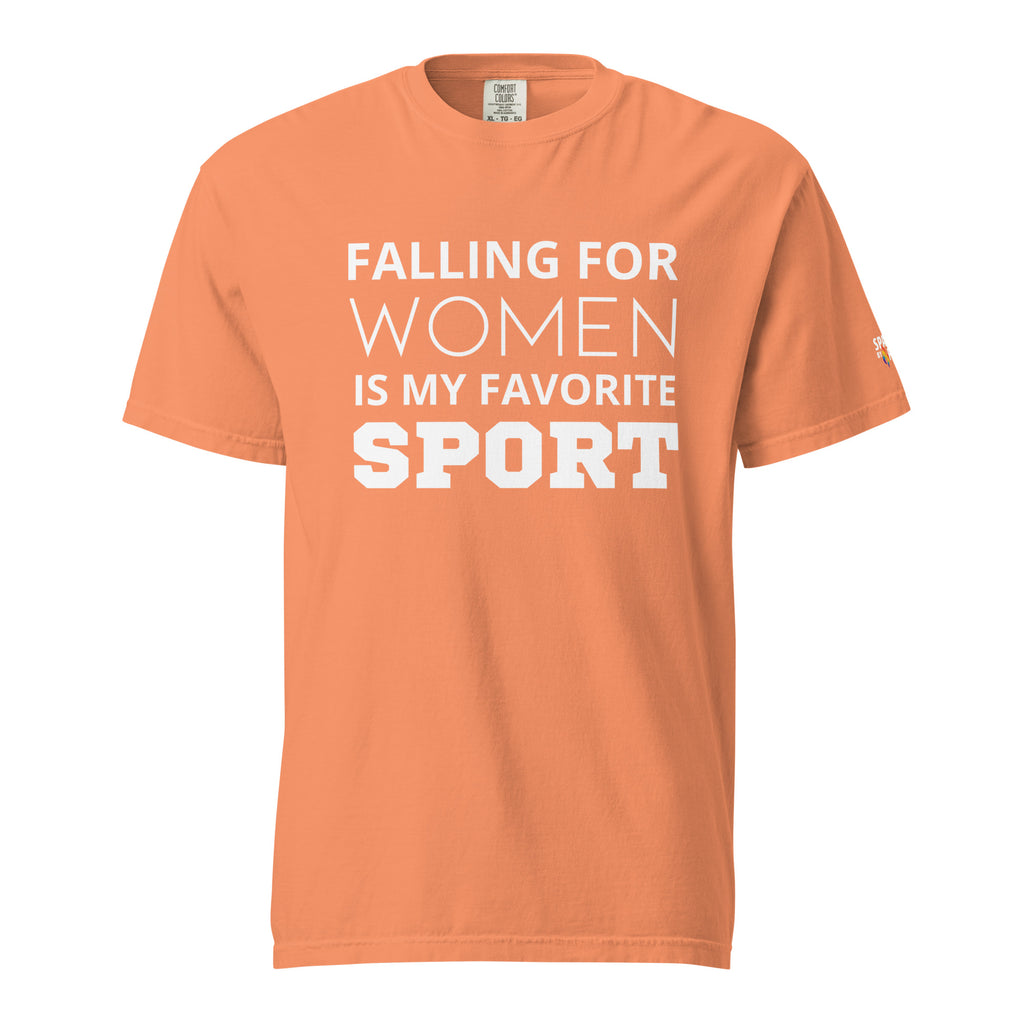 Falling for Women Is My Favorite Sport T-Shirt unisex pride tee in Comfort Colors by Sparked By Pride
