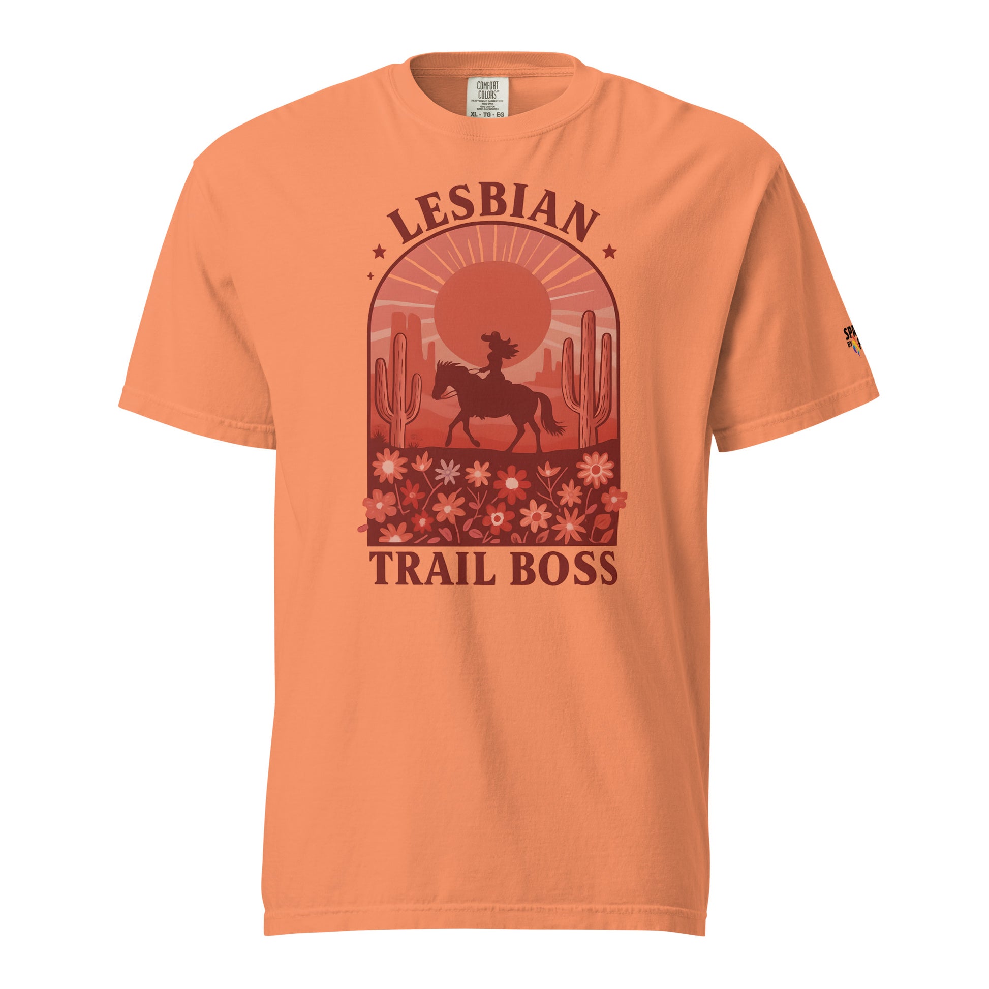 Lesbian Trail Boss T-Shirt with retro pride flame graphic, inclusive queer fashion by Sparked By Pride