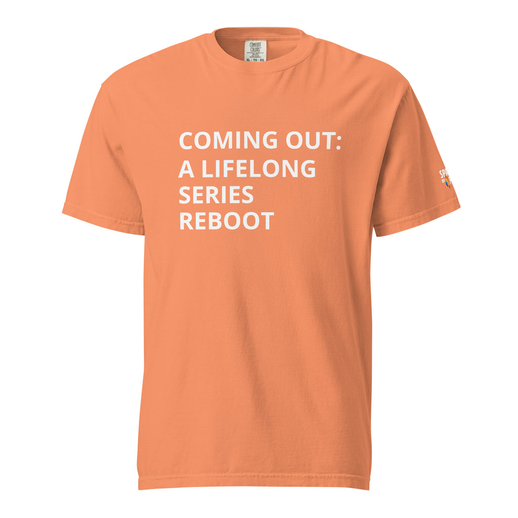 Coming Out: A Lifelong Series Reboot T-Shirt unisex pride tee with subtle LGBTQ shirt by Sparked By Pride