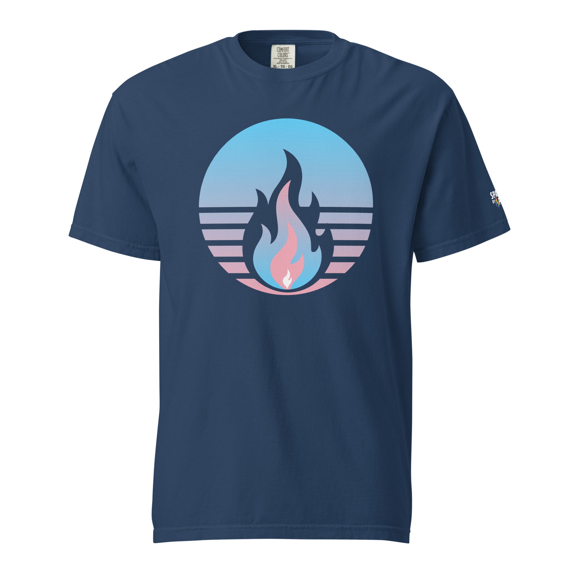 Trans Pride Fire Rising T-Shirt with retro pride flame graphic in trans colors, unisex pride tee by Sparked By Pride
