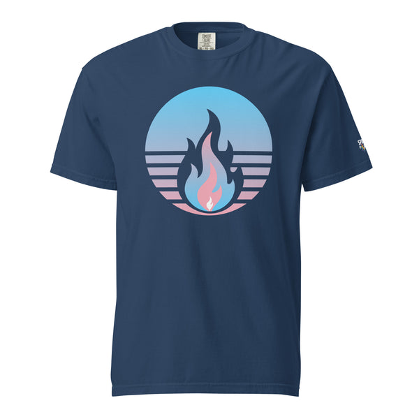 Trans Pride Fire Rising T-Shirt with retro pride flame graphic in trans colors, unisex pride tee by Sparked By Pride