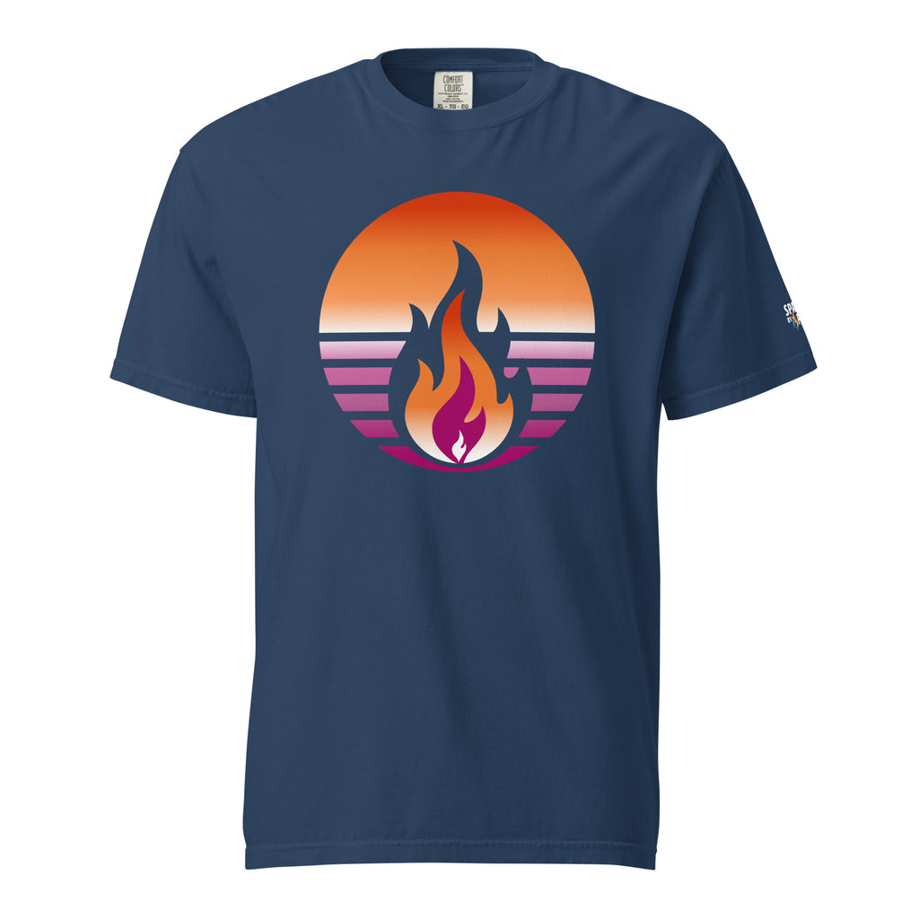 Lesbian Pride Fire Rising T-Shirt with retro pride flame graphic, unisex LGBTQ+ pride apparel by Sparked By Pride