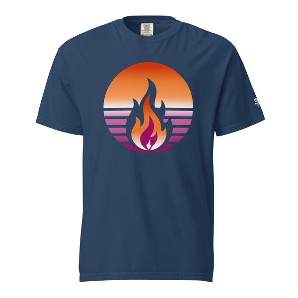 Lesbian Pride Fire Rising T-Shirt with retro pride flame graphic, unisex LGBTQ+ pride apparel by Sparked By Pride