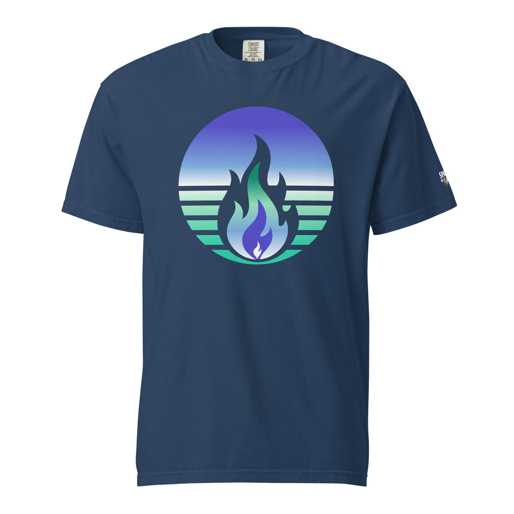 Gay Men Pride Fire Rising T-Shirt with retro pride flame graphic in blue and green, unisex comfort colors by Sparked By Pride