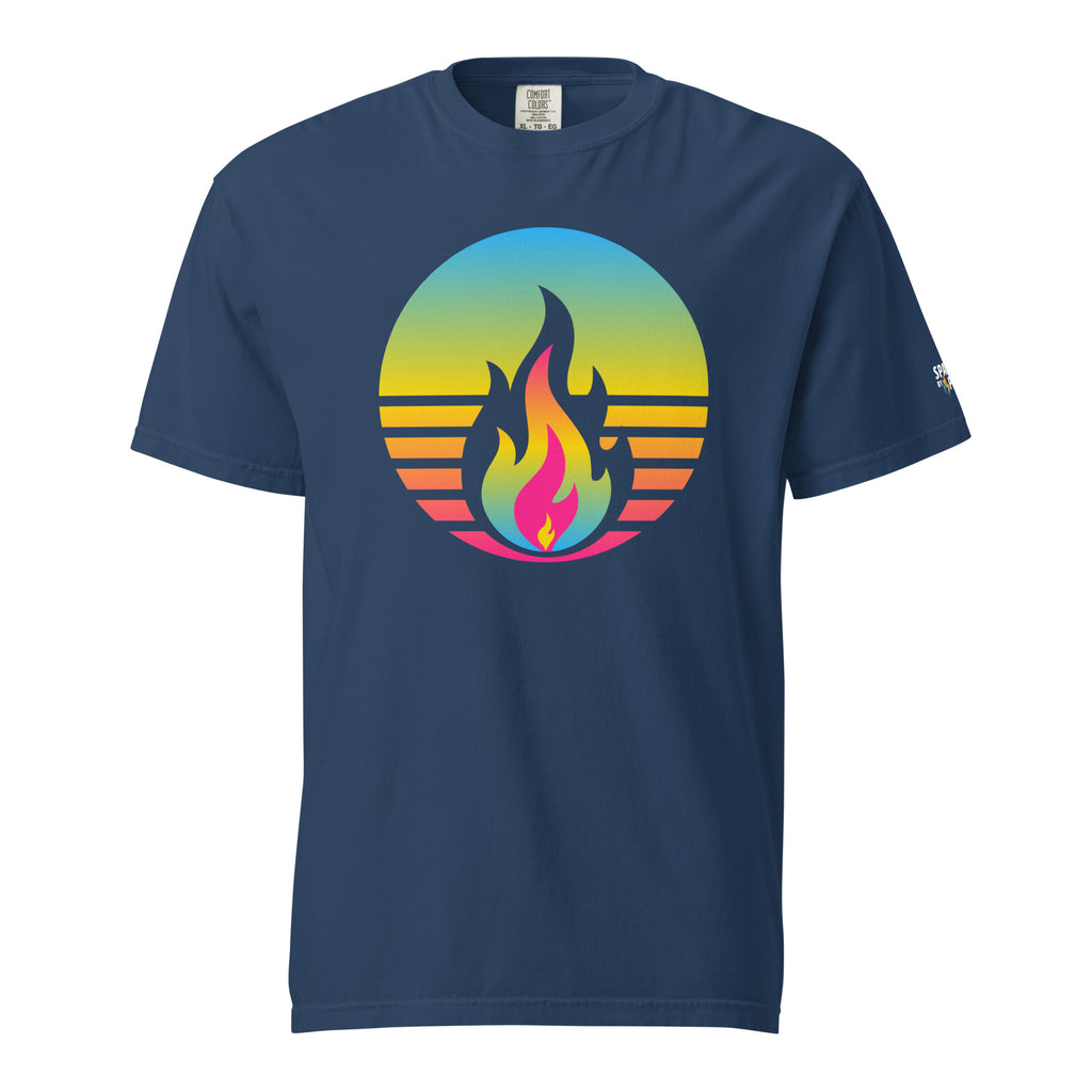 Pansexual Pride Fire Rising T-Shirt with retro pride flame graphic, unisex fit by Sparked By Pride