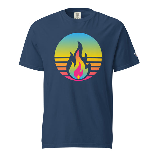 Pansexual Pride Fire Rising T-Shirt with retro pride flame graphic, unisex fit by Sparked By Pride