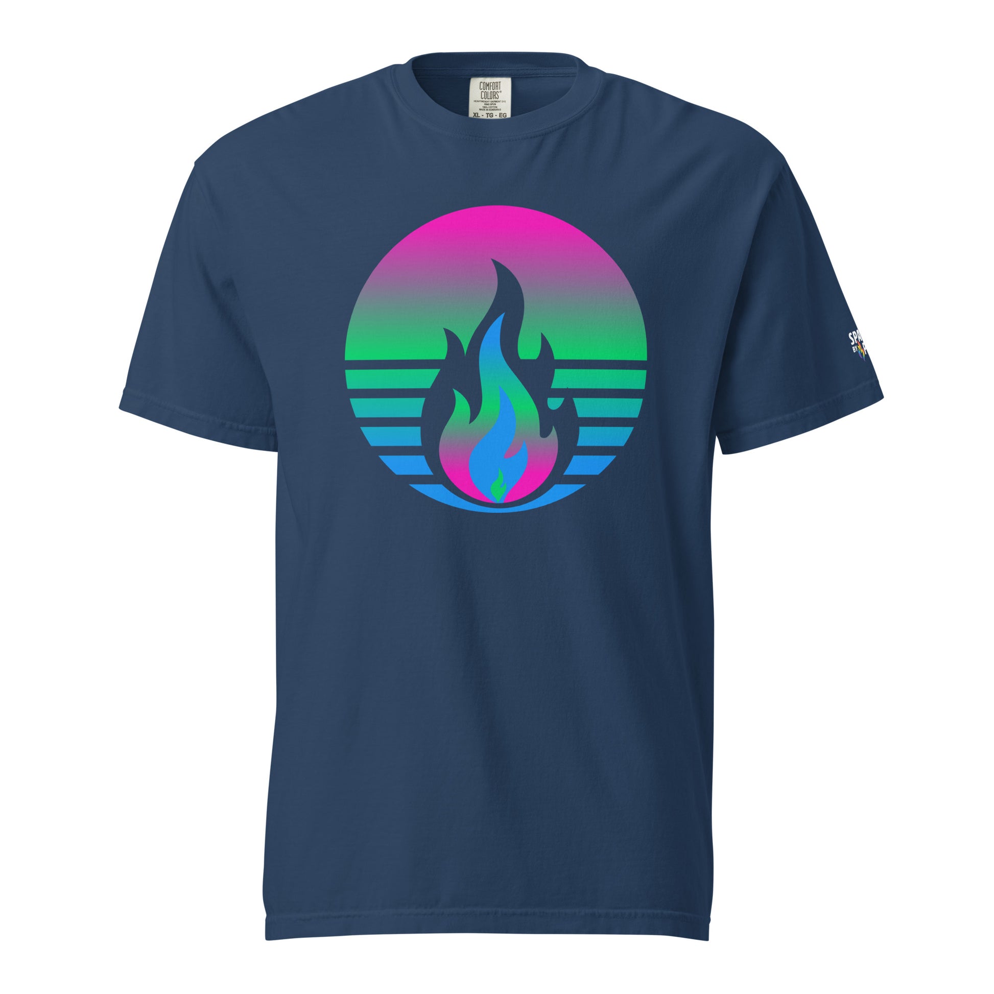 Polysexual Pride Fire Rising T-Shirt with retro pride flame graphic, unisex pride t-shirt by Sparked By Pride