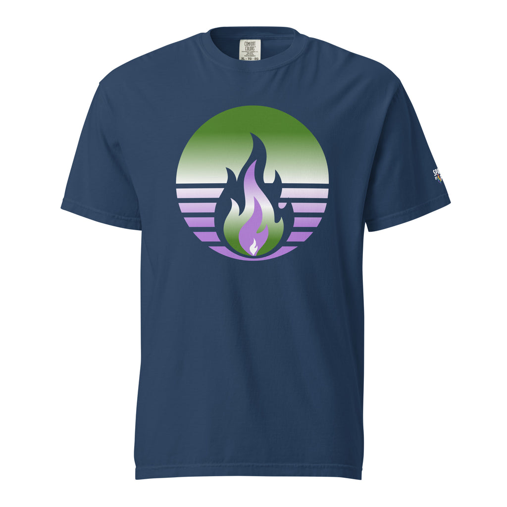 Genderqueer Pride Fire Rising T-Shirt with retro pride flame graphic, unisex comfort colors pride shirt by Sparked By Pride