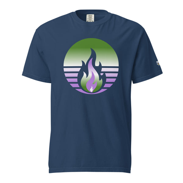 Genderqueer Pride Fire Rising T-Shirt with retro pride flame graphic, unisex comfort colors pride shirt by Sparked By Pride