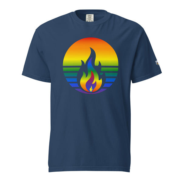 Rainbow Pride Fire Rising T-Shirt with printed pride flame graphic, unisex pride t-shirt by Sparked By Pride