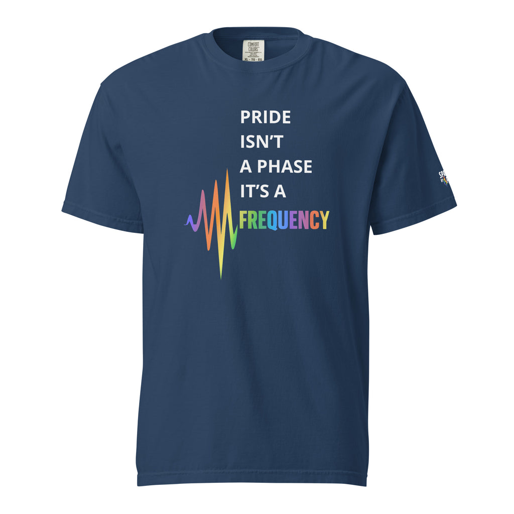 Pride Frequency T-Shirt with printed pride flame graphic, unisex comfort Colors pride shirt by Sparked By Pride