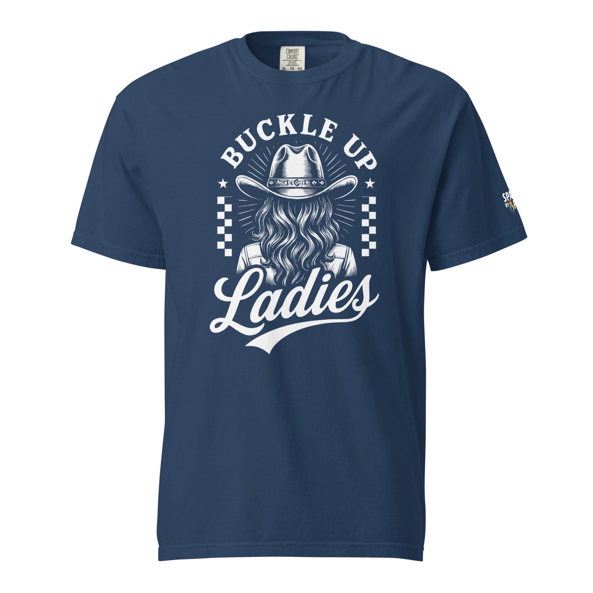Buckle Up Ladies T-Shirt unisex pride tee with retro pride flame graphic by Sparked By Pride