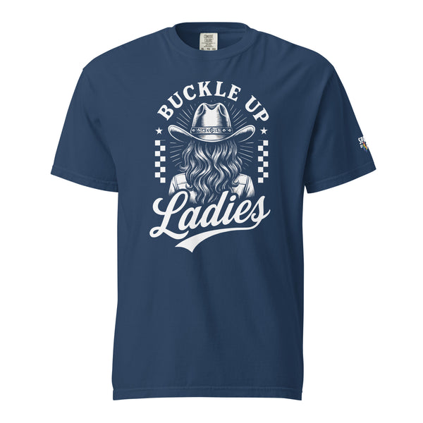 Buckle Up Ladies T-Shirt unisex pride tee with retro pride flame graphic by Sparked By Pride