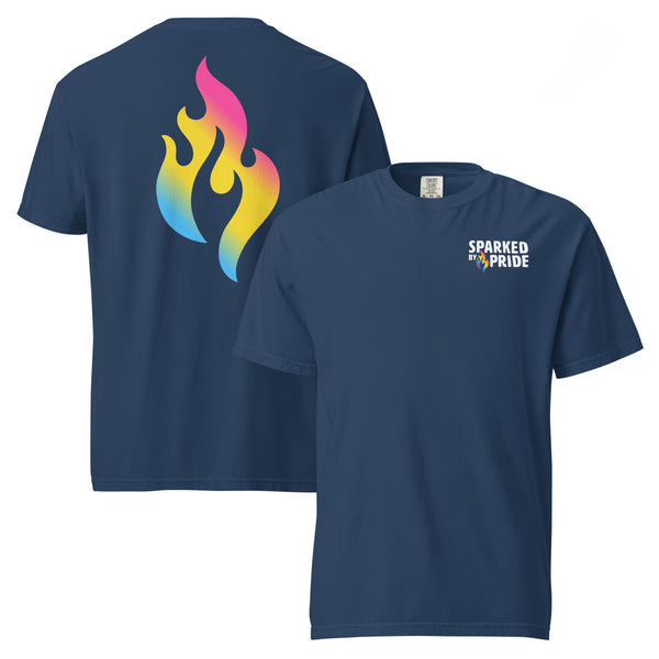 Pansexual Pride Flame T-shirt with retro pride flame graphic, unisex fit, gender-affirming by Sparked By Pride