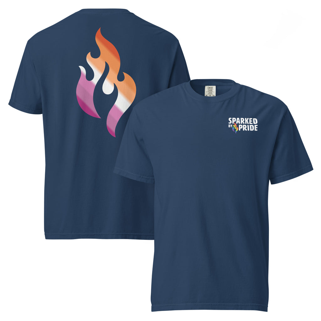 Lesbian Pride Flame T-shirt with printed pride flame graphic, unisex fit, comfort Colors shirt by Sparked By Pride