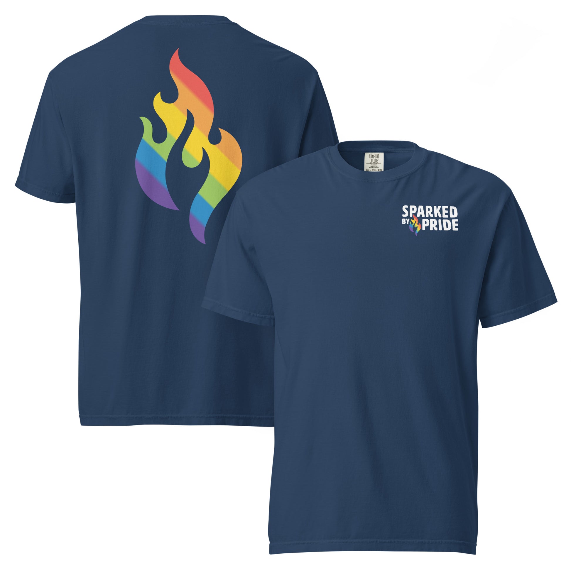 Rainbow Pride Flame T-Shirt with printed pride flame graphic, unisex LGBTQ+ pride apparel by Sparked By Pride