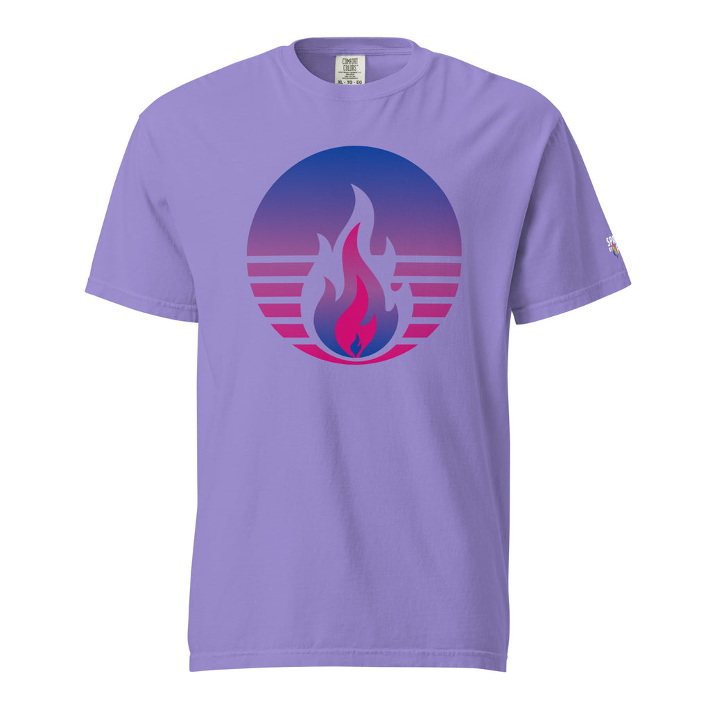 Bisexual Pride Fire Rising T-Shirt with retro pride flame graphic, unisex LGBTQ+ pride apparel by Sparked By Pride