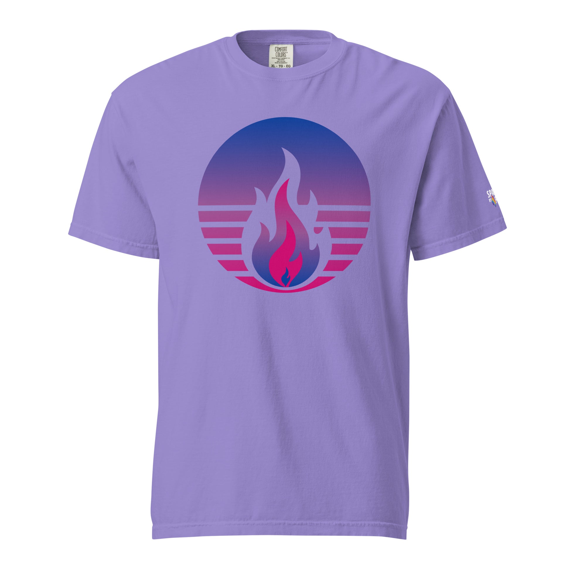 Bisexual Pride Fire Rising T-Shirt with retro pride flame graphic, unisex LGBTQ+ pride apparel by Sparked By Pride