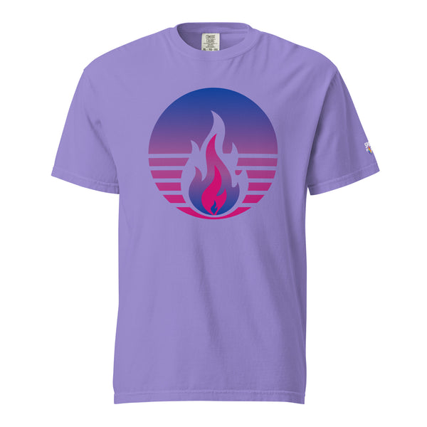 Bisexual Pride Fire Rising T-Shirt with retro pride flame graphic, unisex LGBTQ+ pride apparel by Sparked By Pride