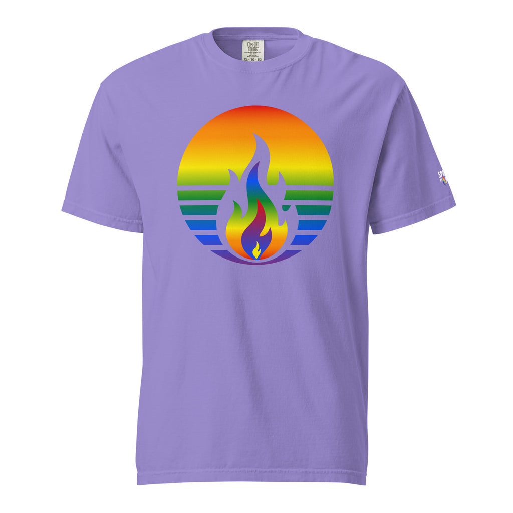 Rainbow Pride Fire Rising T-Shirt unisex pride tee with retro pride flame graphic by Sparked By Pride