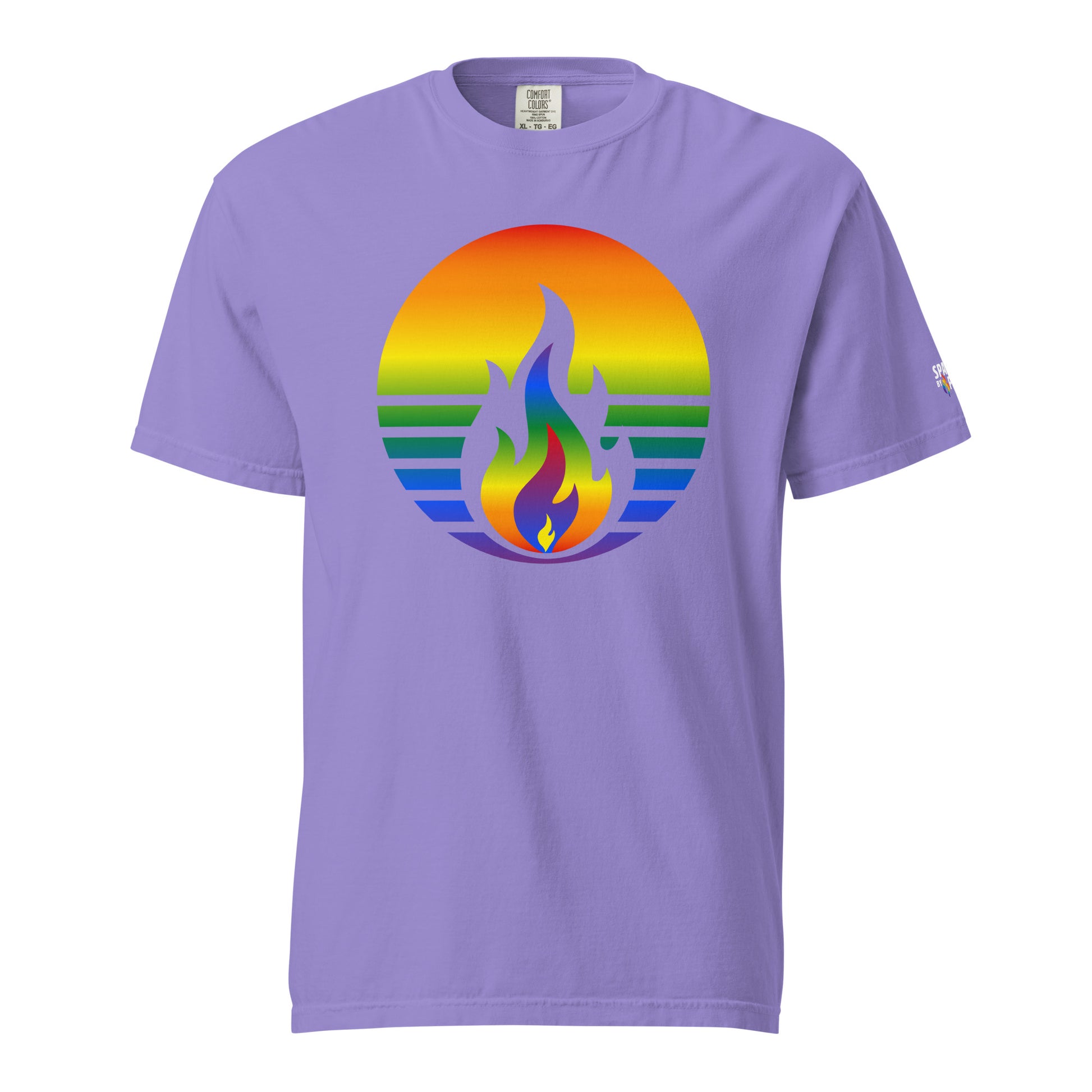 Rainbow Pride Fire Rising T-Shirt unisex pride tee with retro pride flame graphic by Sparked By Pride