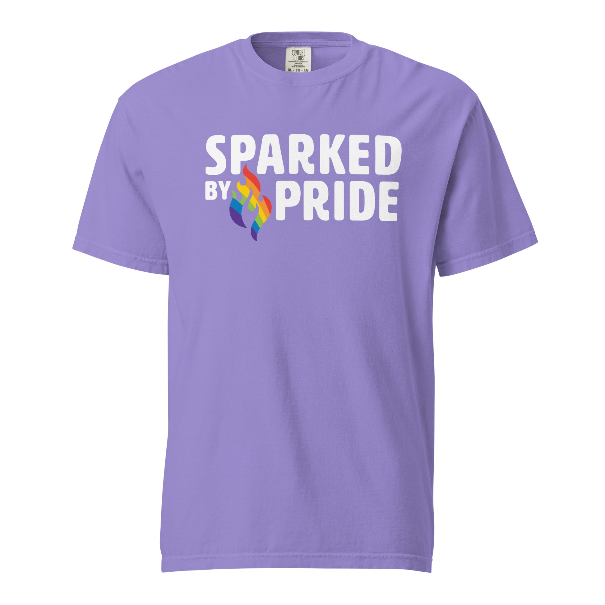 Unisex pride t-shirt with printed retro pride flame graphic, gender-affirming and inclusive by Sparked By Pride.
