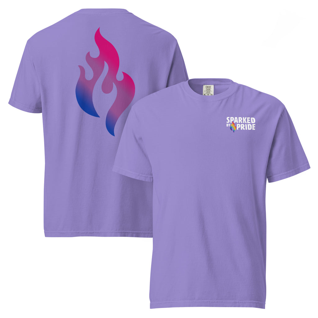 Bisexual Pride Flame T-shirt with retro pride flame graphic in bi colors, unisex pride tee by Sparked By Pride