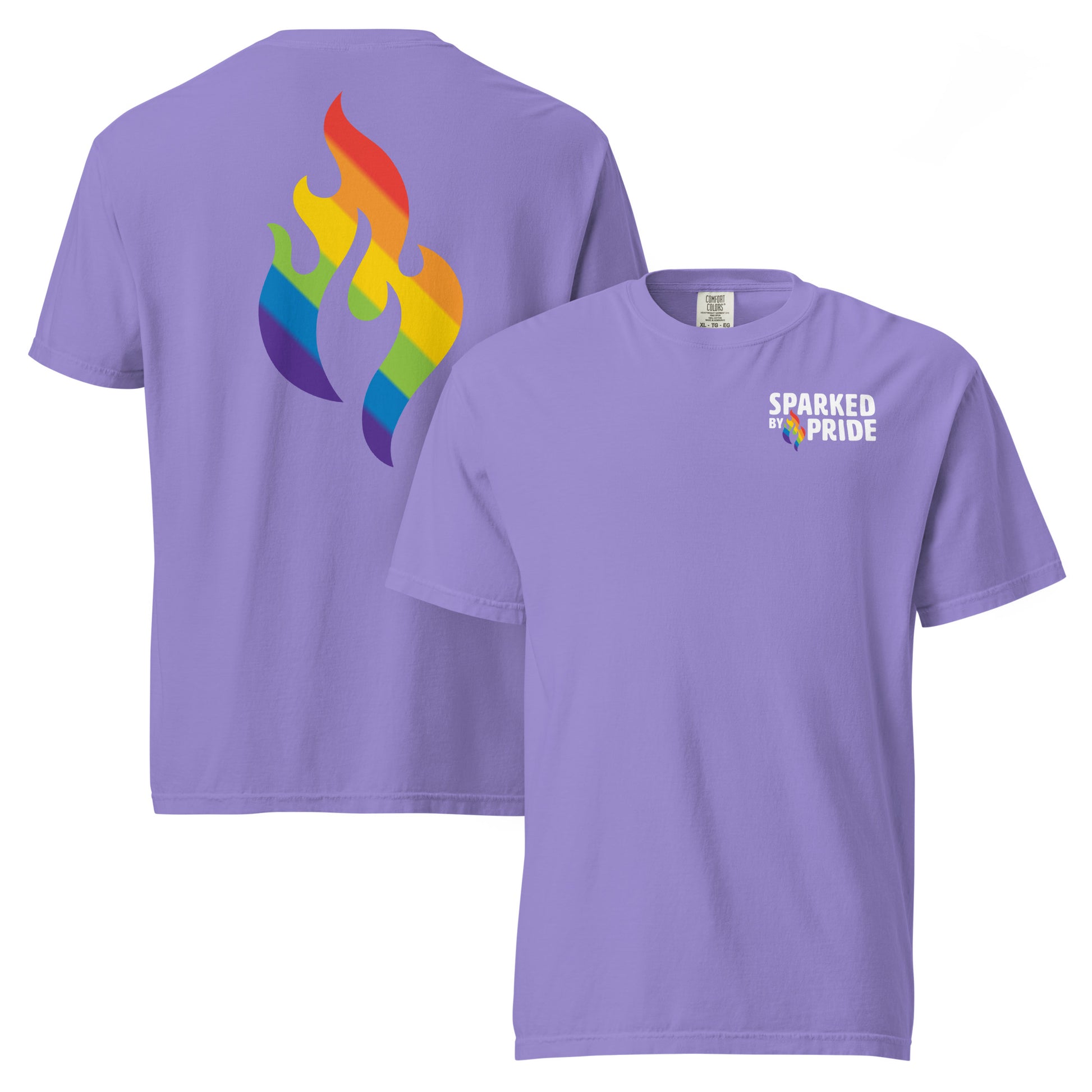 Rainbow Pride Flame T-Shirt with printed pride flame graphic, unisex fit, and comfort colors by Sparked By Pride.